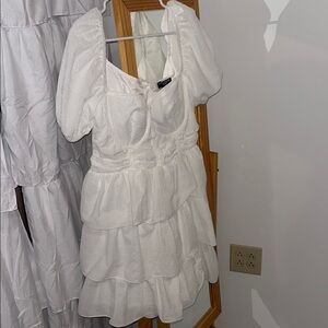 Textured White Dress with Puff Sleeves